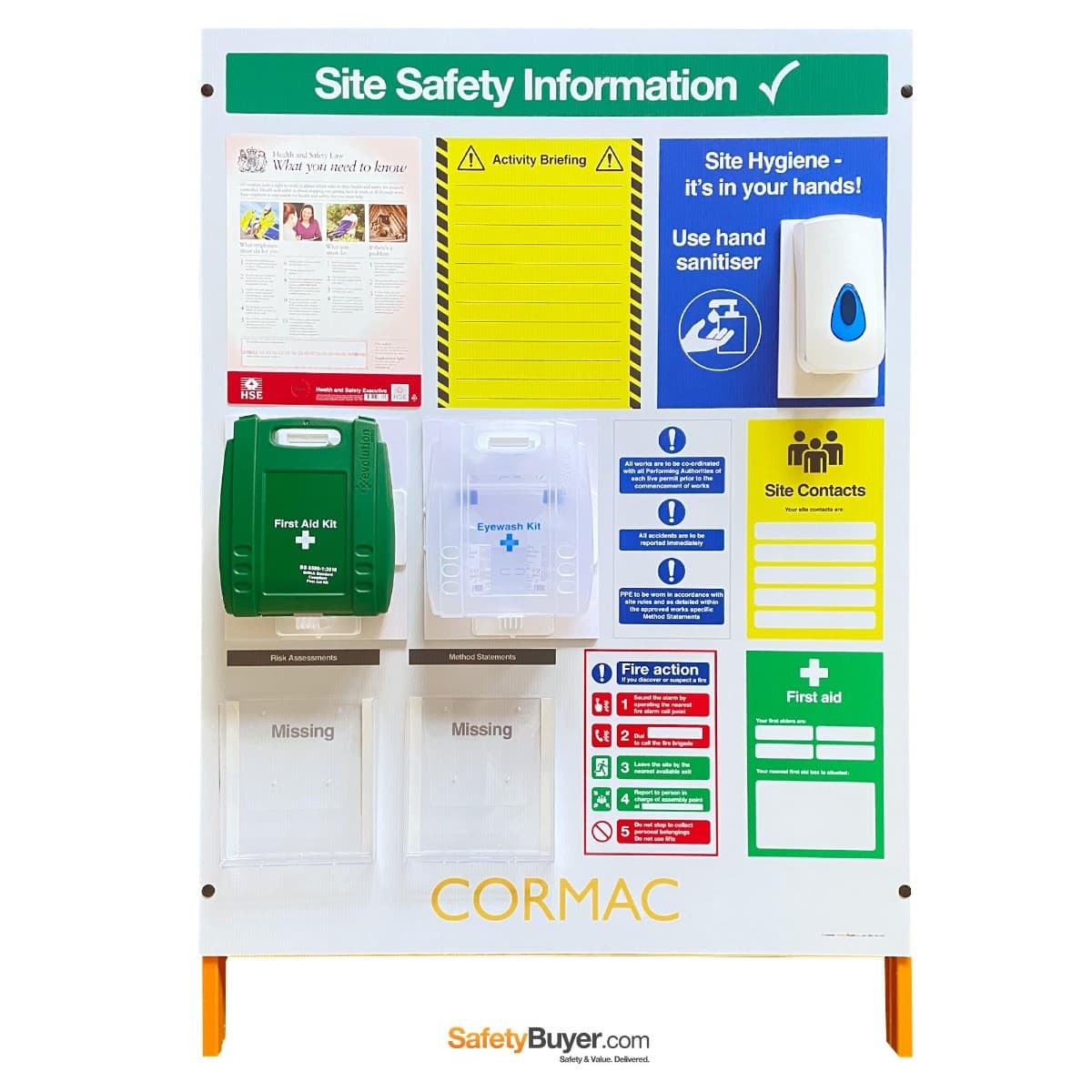 Free-Standing CDM Safety Point with RAMS Holders, Activity Briefing Area and First Aid, Eye Wash & Dispenser