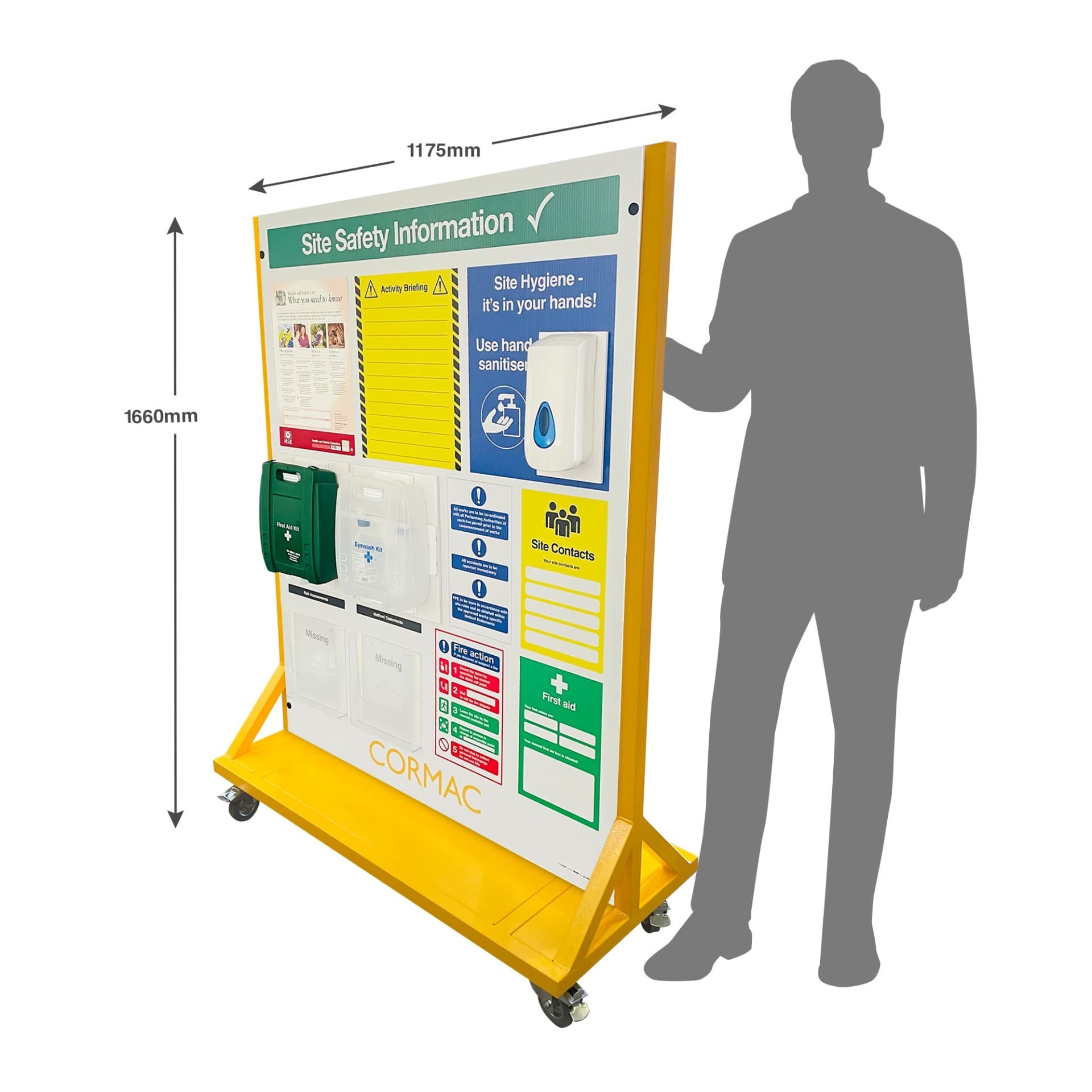 Wheeled Free-Standing CDM Safety Point with RAMS Holder, Activity Briefing Area and First Aid, Eye Wash & Dispenser