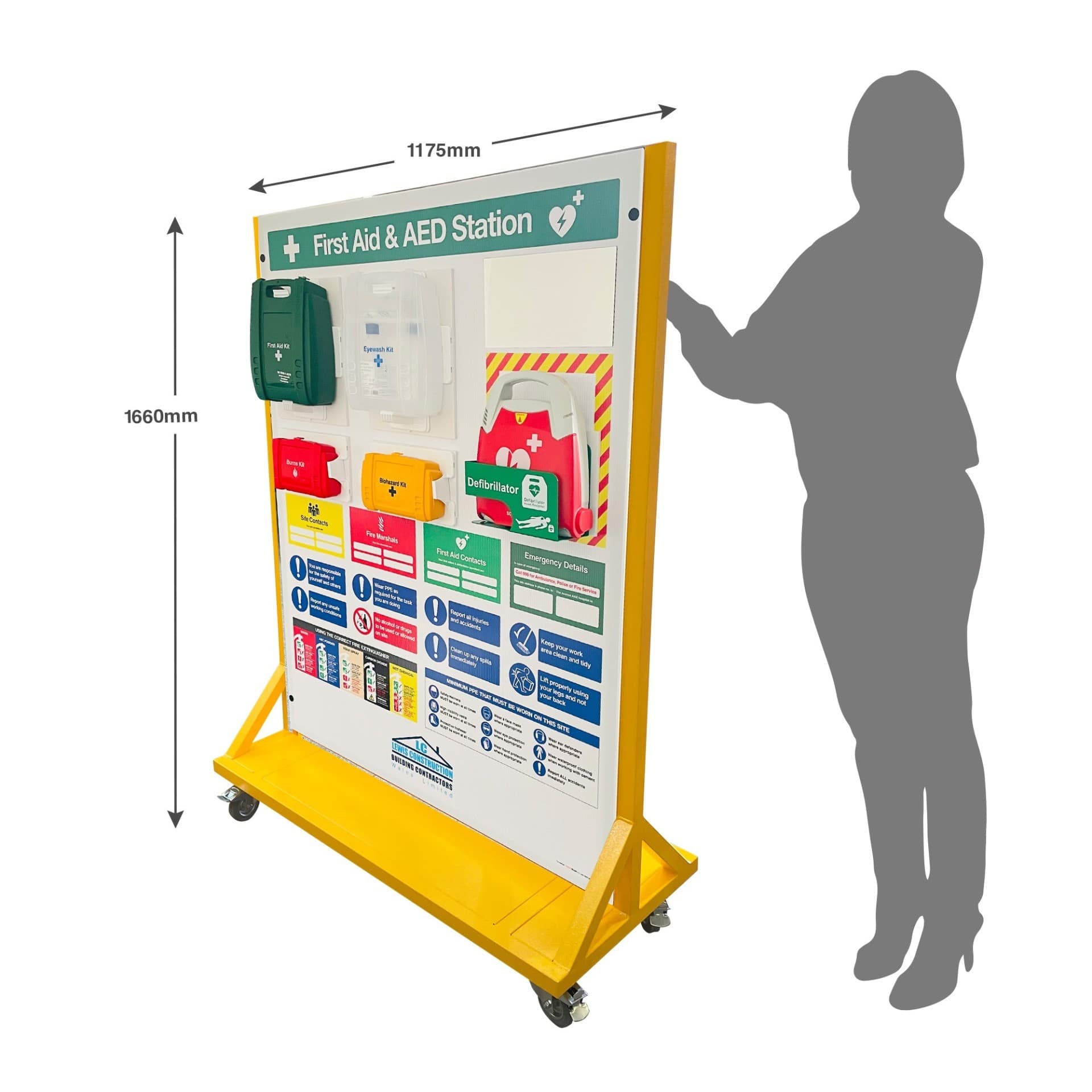 Wheeled Free-Standing First Aid Point with AED Defibrillator & Site Safety Info