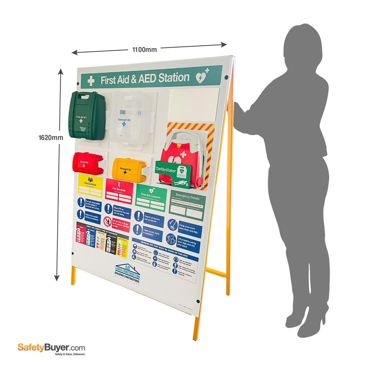 Free-Standing First Aid Point with AED Defibrillator & Site Safety Information