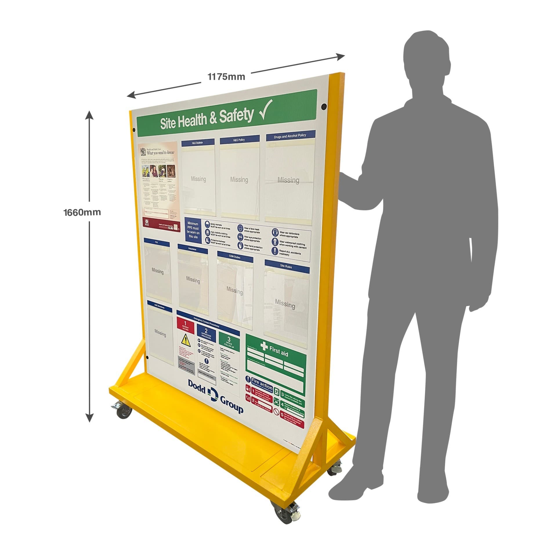 Wheeled Free-Standing Construction Health & Safety Board with Focus on PPE & Emergency Procedures