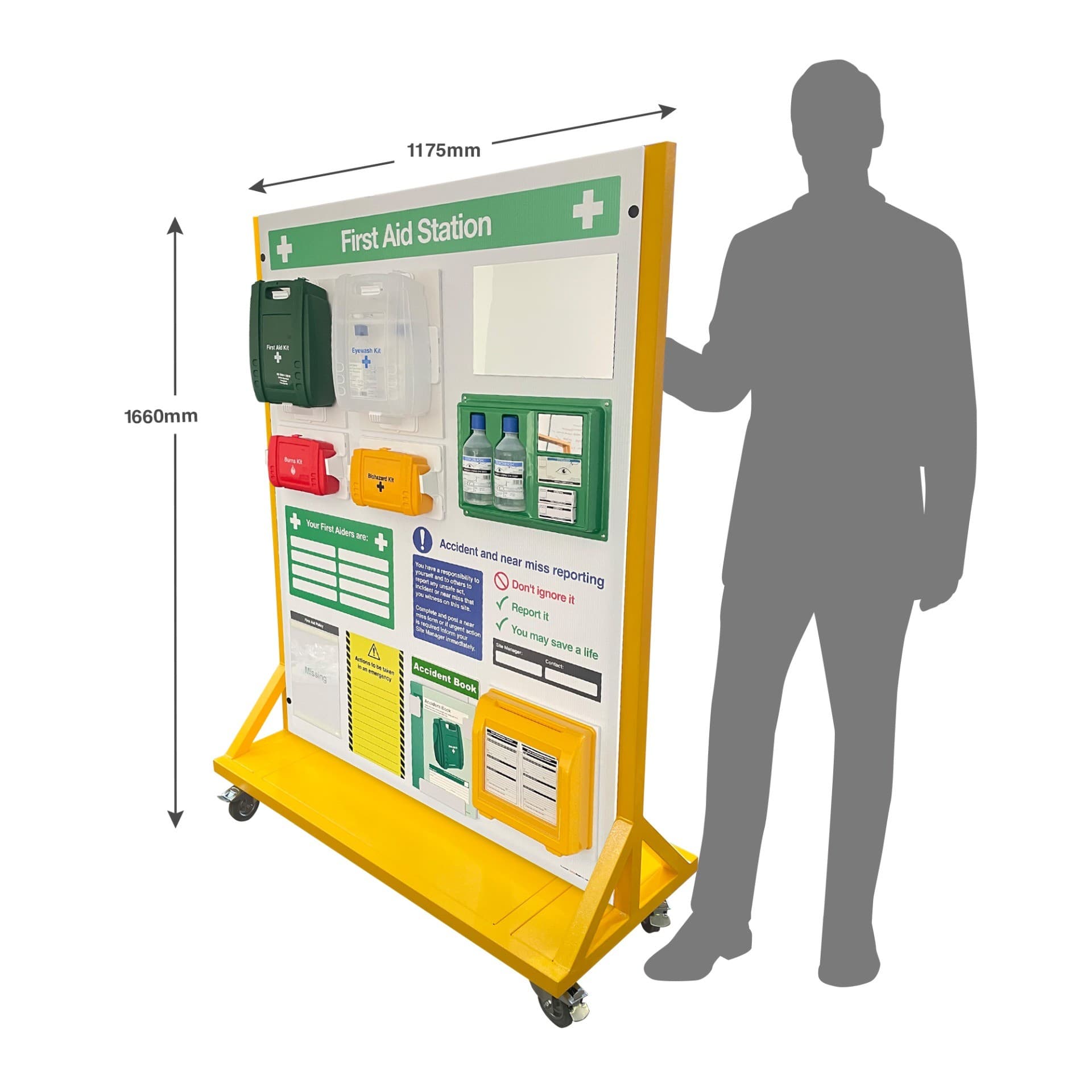 Wheeled Free-Standing First Aid Point with Near Miss Reporting Station - Unbranded