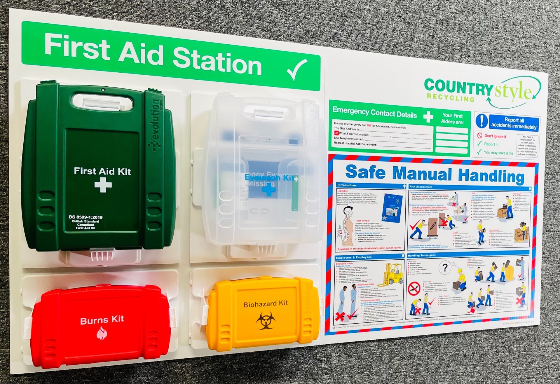 Branded First Aid Station with Safe Manual Handling Poster