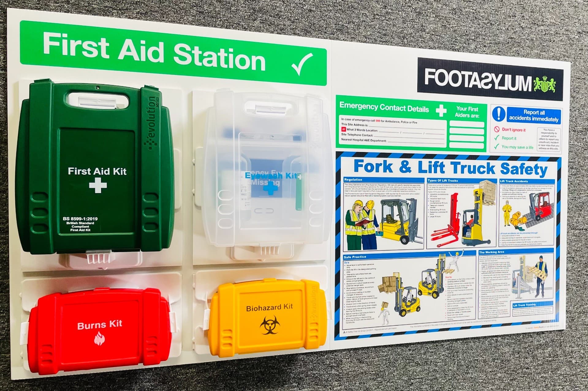 Branded First Aid Station with Fork & Lift Truck Safety Poster