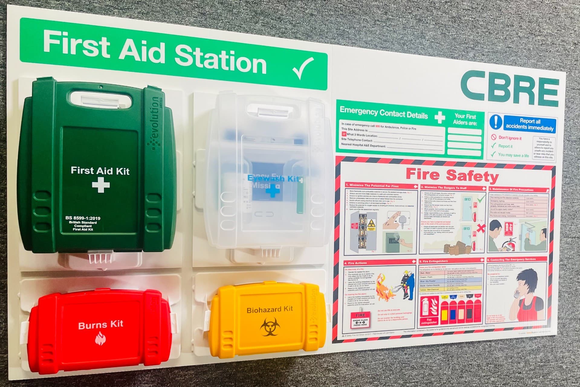 Branded First Aid Station with Fire Safety Poster