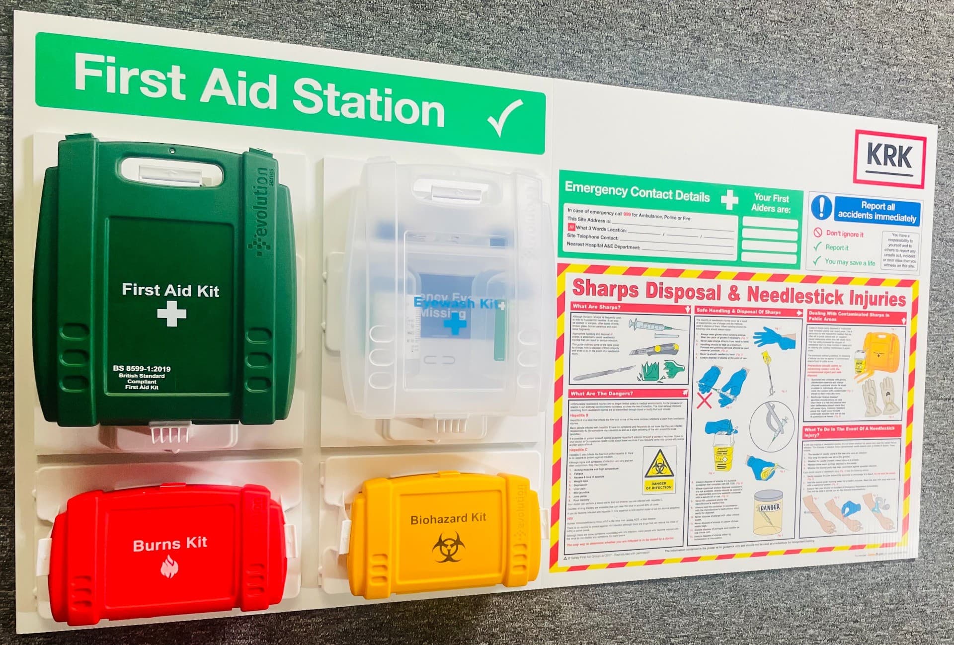 Branded First Aid Station with Sharps Disposal & Needlestick Injuries Poster