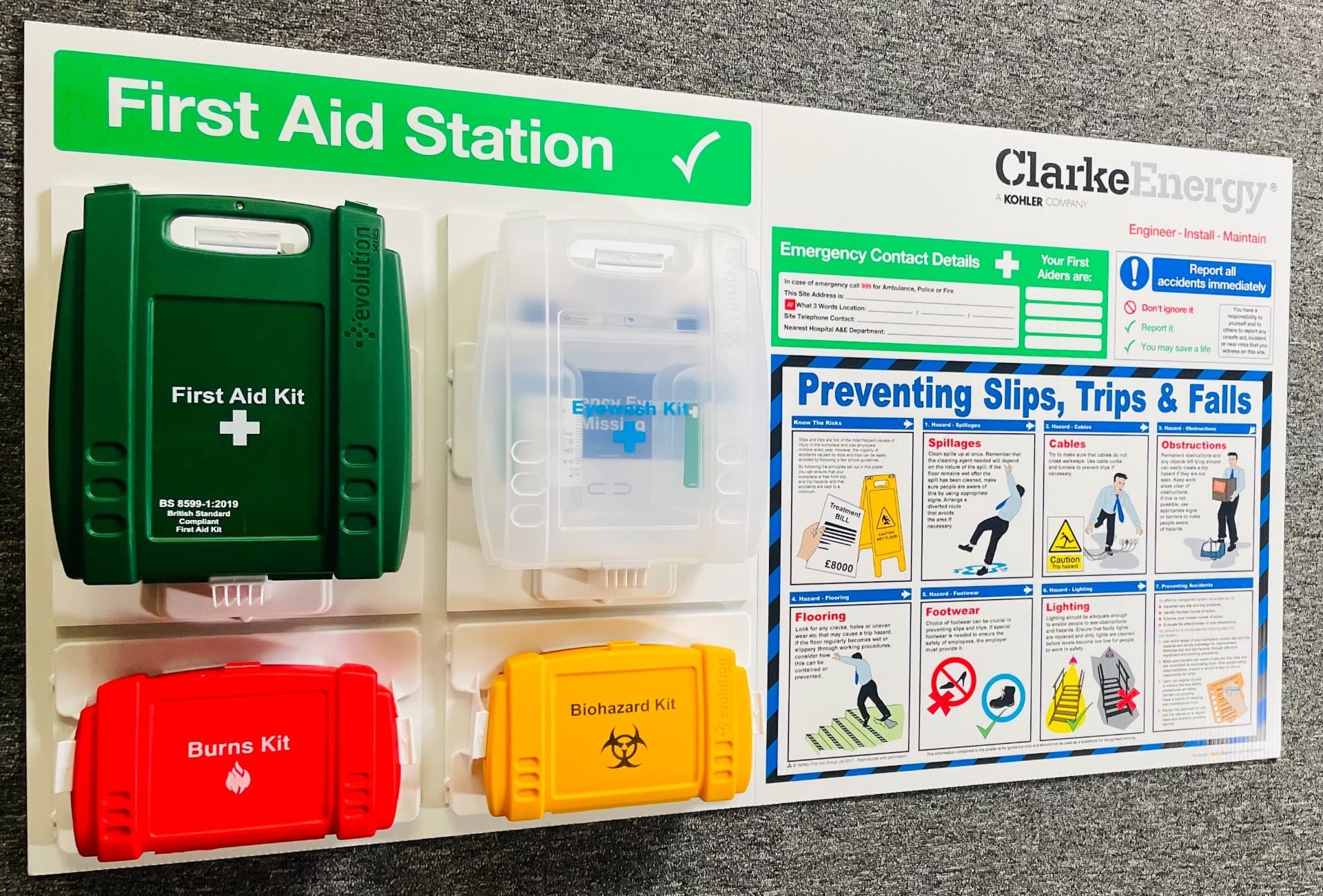 Branded First Aid Station with Preventing Slips, Trips & Falls Poster