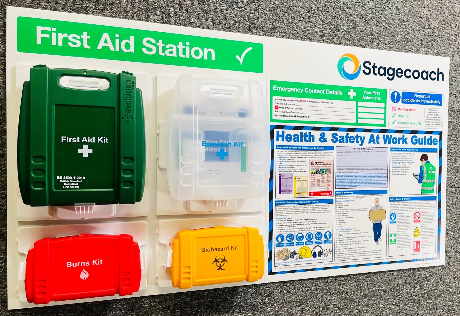 Branded First Aid Station with Health & Safety at Work Guide Poster