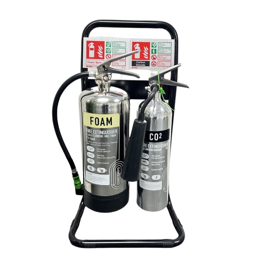 Contemporary 'Black & Chrome' Fire Extinguisher Bundle Deals | Double Stand