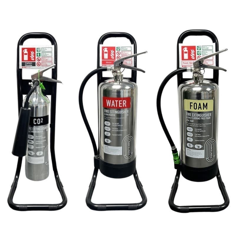 Contemporary 'Black & Chrome' Fire Extinguisher Bundle Deals | Single Stand