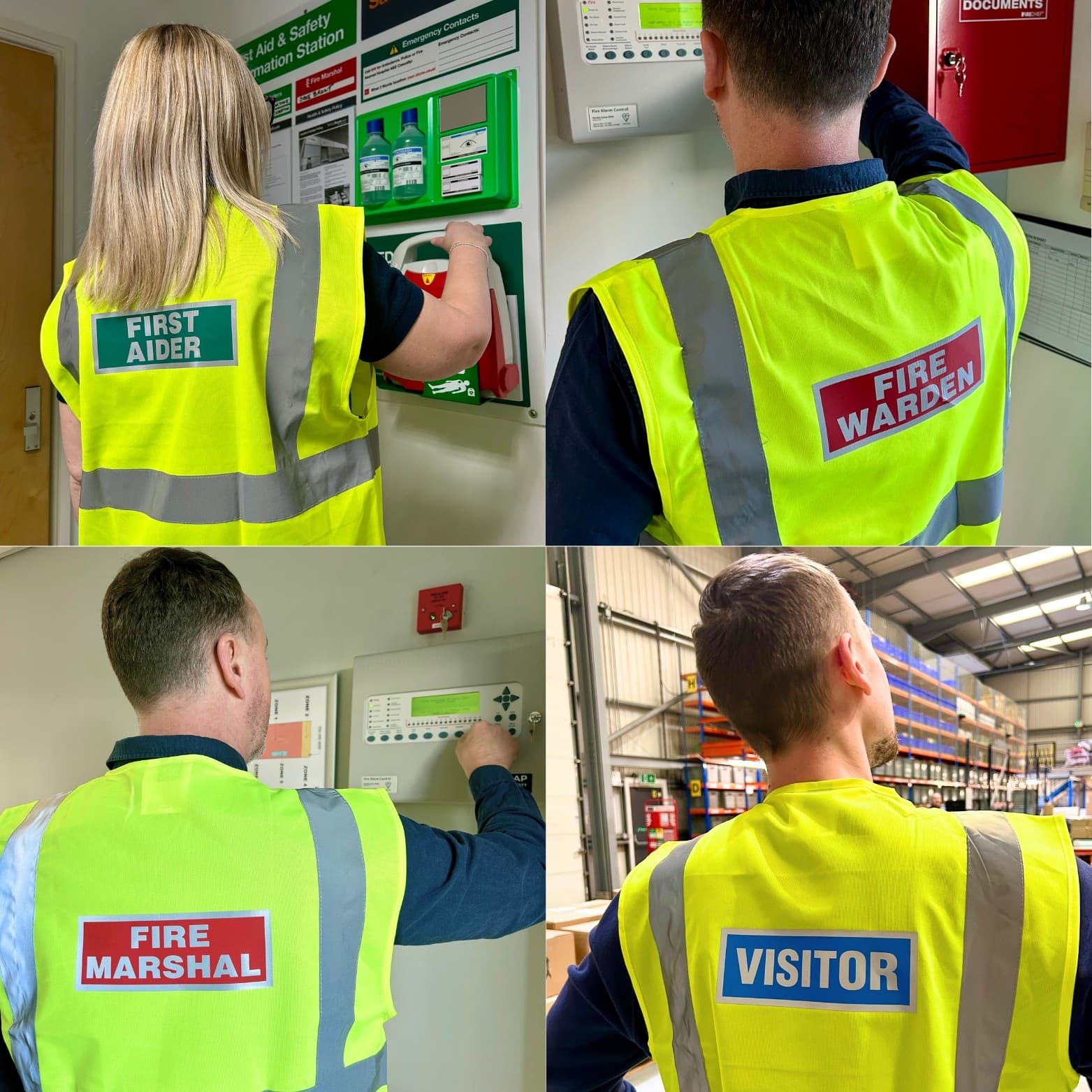 High Visibility Waistcoats Featuring Fire Marshal, Fire Warden, First Aider or Visitor Badging