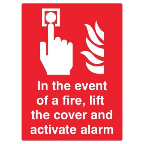 In Event of Fire Lift Cover and Activate Alarm Signs