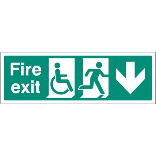 Fire Exit Sign with Disabled Symbol, Running Man and Arrow Down
