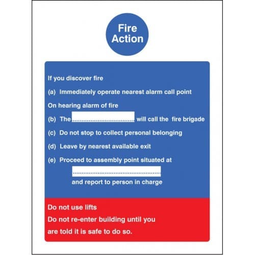 Fire Action Standard Notice - Brigade Dialled Manually, Do Not Use Lift