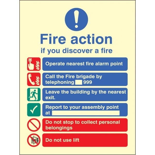 Fire Action Notice With Safety Symbols, Manual Fire Brigade Call 999 , Do Not Use Lift