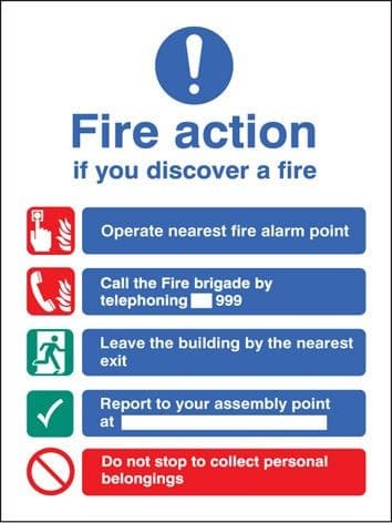 Fire Action Notice With Safety Symbols, Manual Fire Brigade Call 999 , No Lifts
