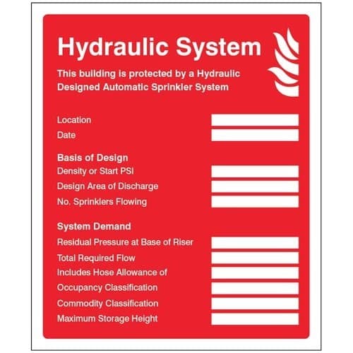 Hydraulic Sprinkler System ID Plate Signs