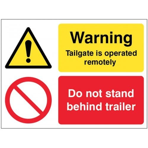 Warning Tailgate Is Operated Remotely - Do Not Stand Behind Trailer Sign | 200mm x 150mm | Self Adhesive Vinyl