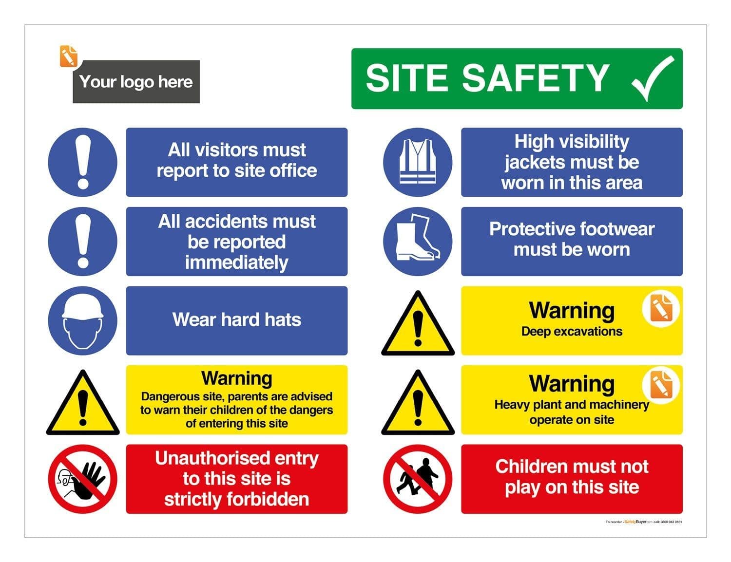 10 Message Site Safety Board Landscape - Add your logo
