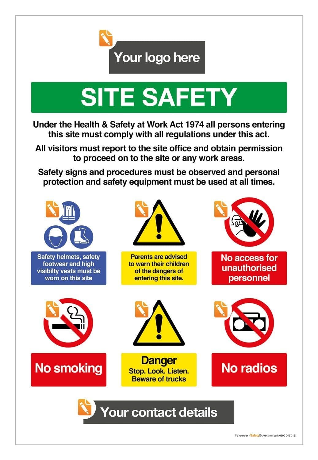 Site Safety 6 Message Board Portrait - Add your logo