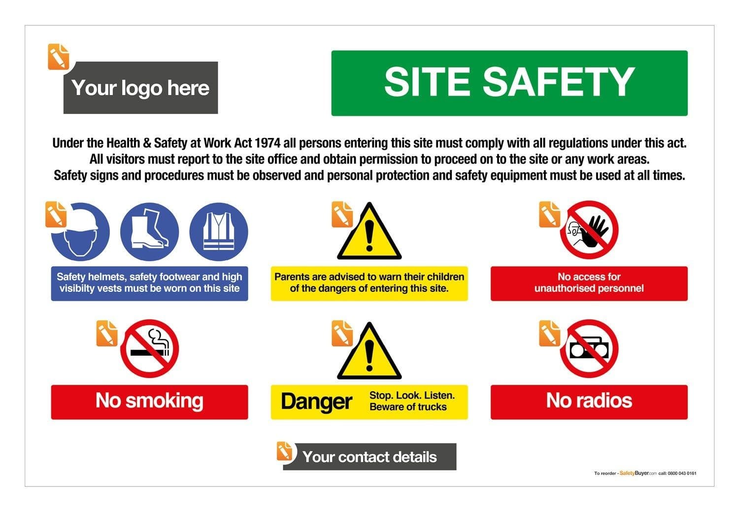 Site Safety 6 Message Board Landscape - Add your logo