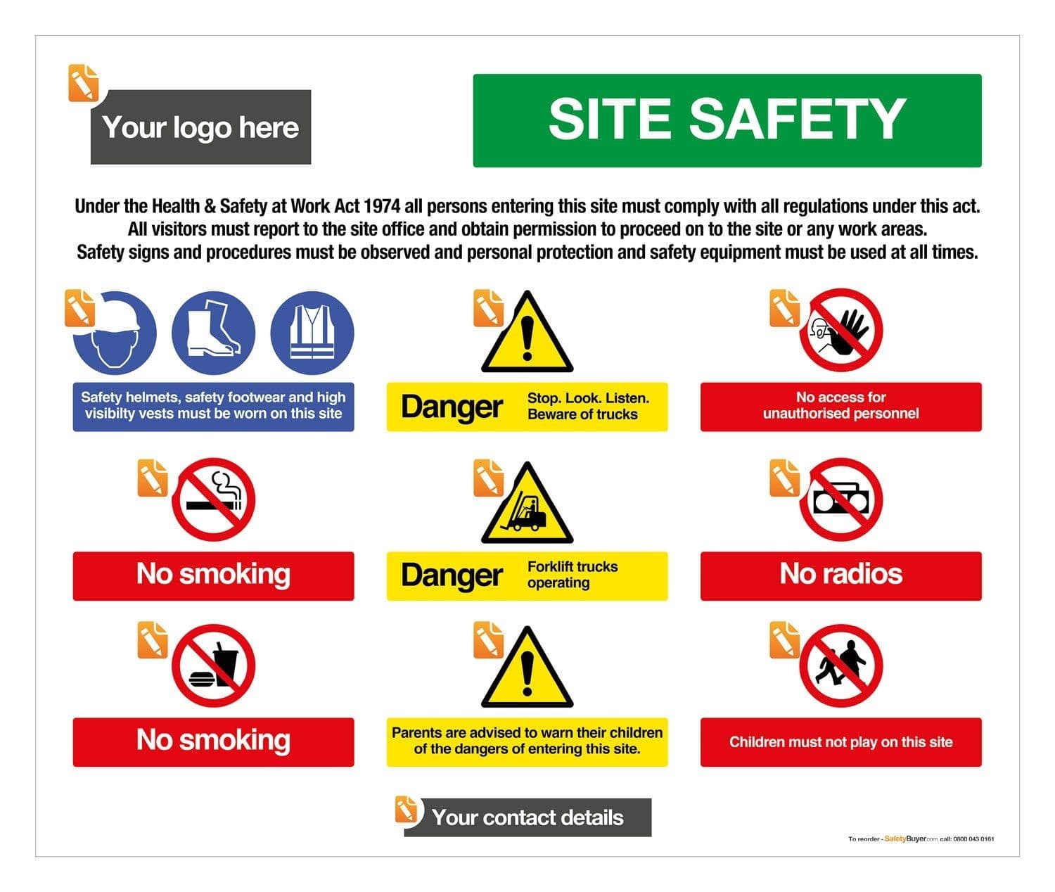 Site Safety 9 Message Site Board Landscape - Add your logo