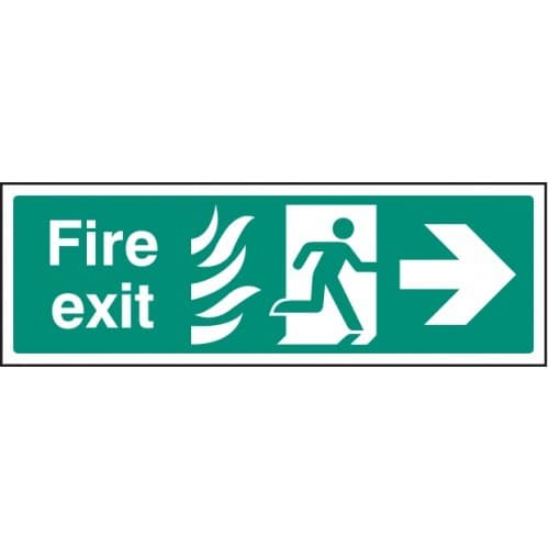 Fire Exit Arrow Right HTM Signs with Flames and Running Man