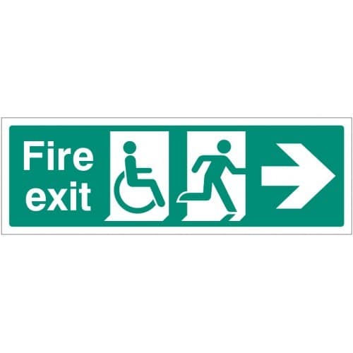 Fire Exit Sign with Disabled Symbol, Running Man and Arrow Right