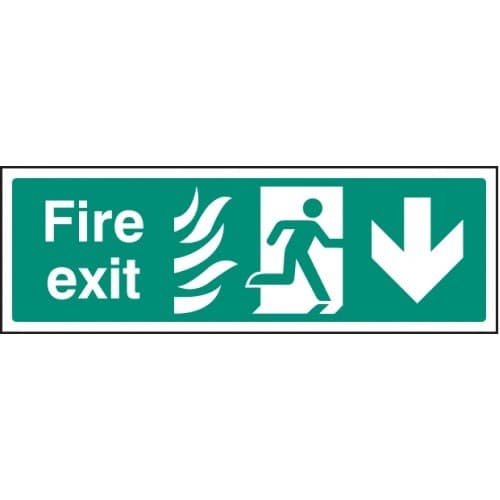 Fire Exit Arrow Down HTM Signs with Flames and Running Man