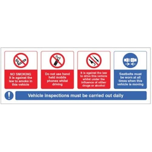 Vehicle Sticker - No Smoking, Mobile Phone, Drink/Drugs - Wear Seatbelt Safety Sign | 200mm x 75mm | Self Adhesive Vinyl