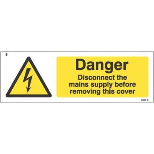 Danger Disconnect Mains Supply Before Removing Cover Safety Signs | 300mm x 100mm | Self Adhesive Vinyl