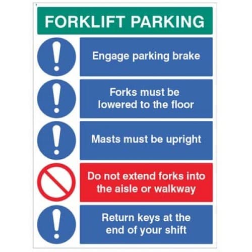 Forklift Parking - Engage Brakes - Lower Forks - Return Keys etc | 450mm x 600mm | Rigid Plastic