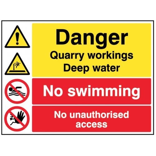 Danger Quarry Workings Deep Water - No Swimming - No Unauthorised Access Signs | 600mm x 450mm | Rigid Plastic
