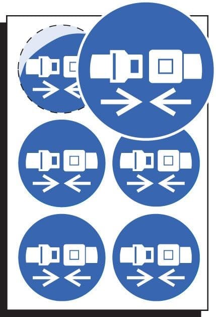 Wear Seatbelt Symbol - Sheet of 6 Labels | 65mm Diameter | Self Adhesive Vinyl