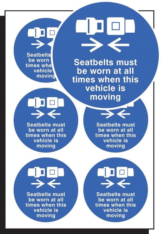 Seatbelts Must be Worn at All Times When Vehicle is Moving - Sheet of 6 Labels | 65mm Diameter | Self Adhesive Vinyl