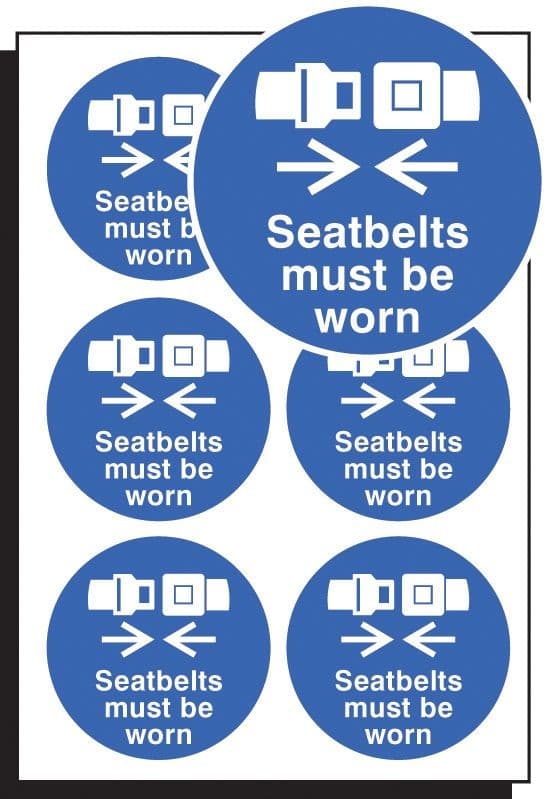 Seatbelts Must Be Worn - Sheet of 6 Labels | 65mm Diameter | Self Adhesive Vinyl