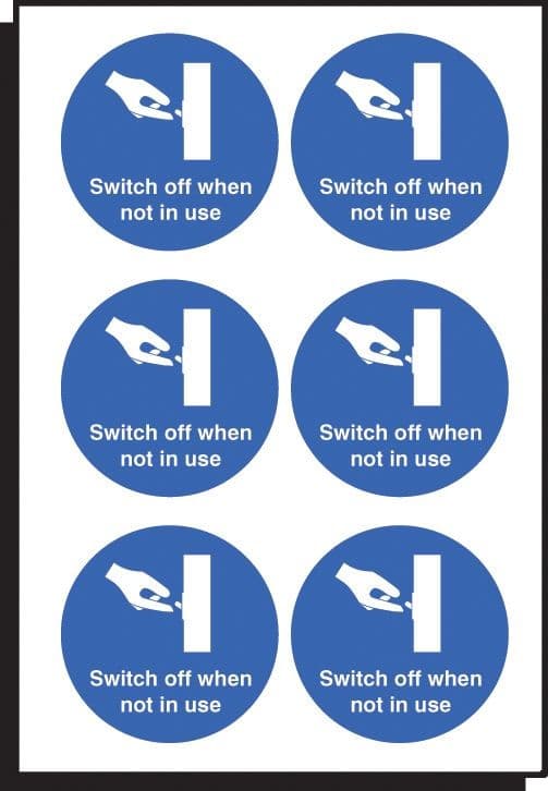 Switch Off When Not In Use - Sheet of 6 Labels | 65mm Diameter | Self Adhesive Vinyl