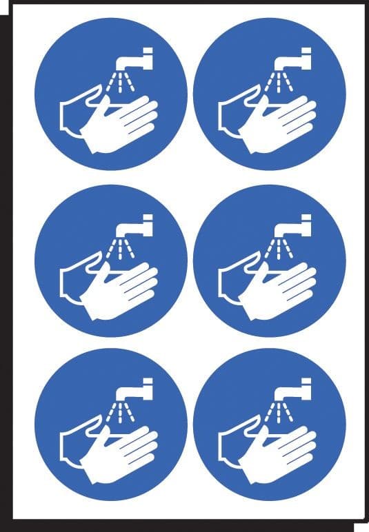 Wash Hands Symbol - Sheet of 6 Self Adhesive Labels 65mm Diameter