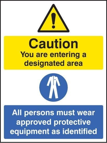 Caution Designated Area - All Persons Must Wear Approved PPE Signs