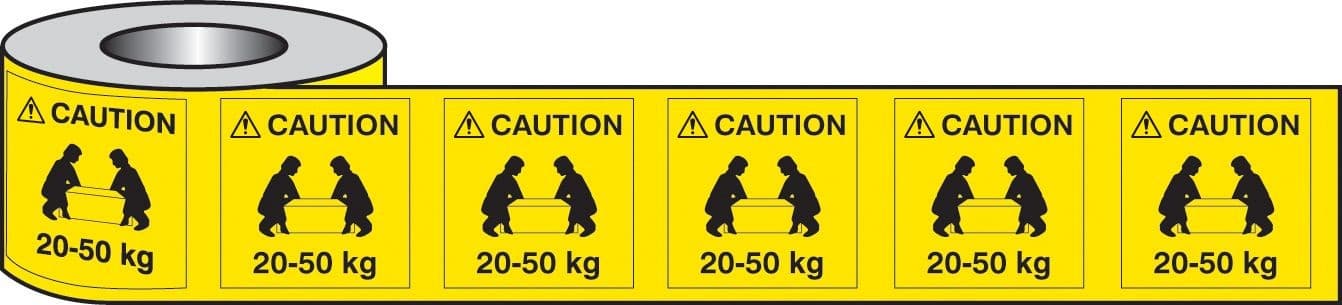 Caution Lifting 20-50kg - Roll of 500 Labels | 50mm x 50mm | Self Adhesive Vinyl