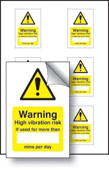 Warning High Vibration Risk If Used Minutes/Per Day - Sheet of 6 Labels | 50mm x 75mm | Self Adhesive Vinyl