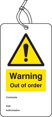 Warning Out of Order Double Sided Safety Tags - Pack of 10 | 80mm x 150mm | Matt PVC