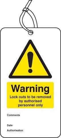 Warning Lock Out To Be Removed Double Sided Safety Tags - Pack of 10 | 80mm x 150mm | Matt PVC
