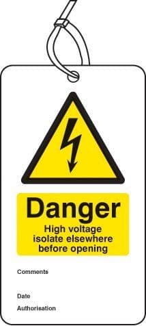 Danger High Voltage Isolate Elsewhere Double Sided Safety Tags - Pack of 10 | 80mm x 150mm | Matt PVC