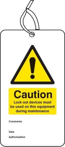 Caution Lock Out Device Must Be Used On This Equipment Safety Tags - Pack of 10 | 80mm x 150mm | Matt PVC