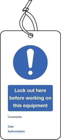 Lock Out Here Before Working On Equipment Double Sided Safety Tags - Pack of 10 | 80mm x 150mm | Matt PVC