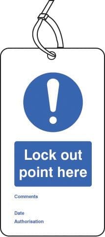 Lock Out Point Here Double Sided Safety Tags - Pack of 10 | 80mm x 150mm | Matt PVC
