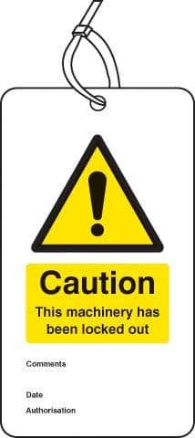 Caution This Machinery Has Been Locked Out Double Sided Safety Tags - Pack of 10 | 80mm x 150mm | Matt PVC