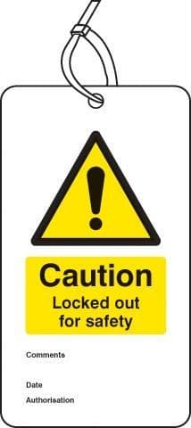 Caution Locked Out For Safety Double Sided Safety Tags - Pack of 10 | 80mm x 150mm | Matt PVC