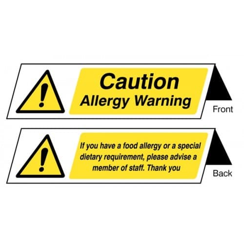 Caution Allergy Warning Double Sided Table Cards - Pack of 5 | 150mm x 50mm | Rigid Plastic